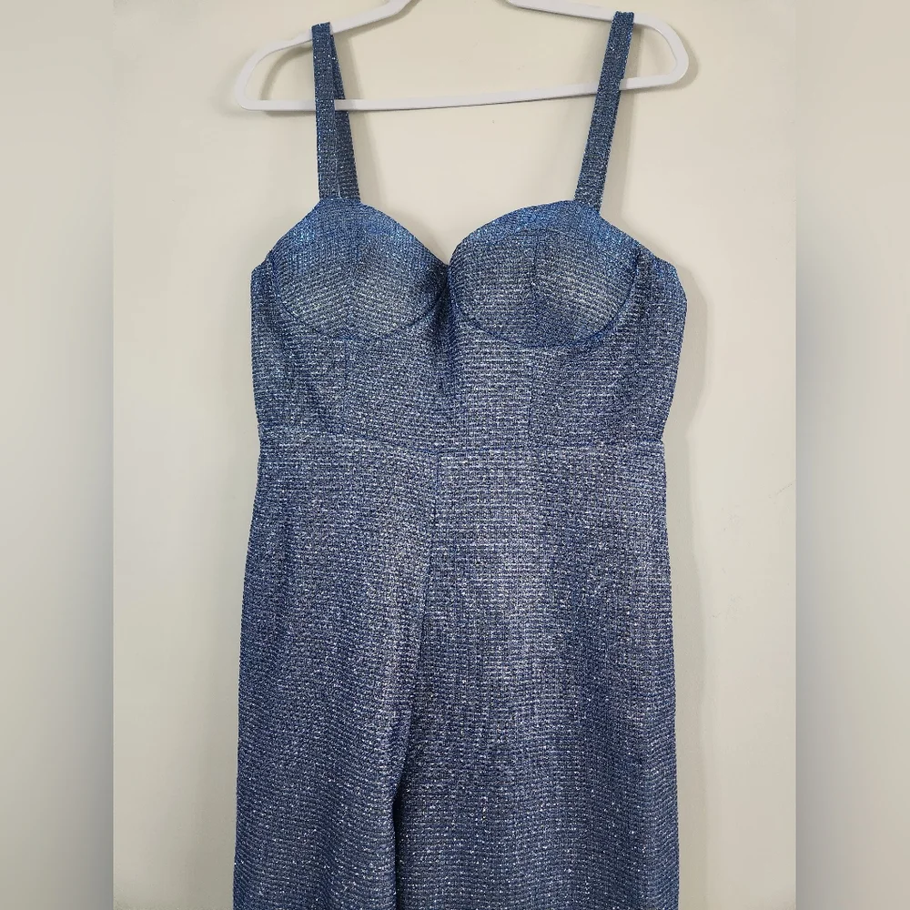 NWOT ASOS Blue Metallic Cupped Flare Jumpsuit Size 10 - Picture 6 of 11